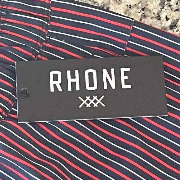 NWT Rhone 5.5" R&R Swim Trunks Mens S Goji Berry/Navy/White Stripe - Picture 6 of 10